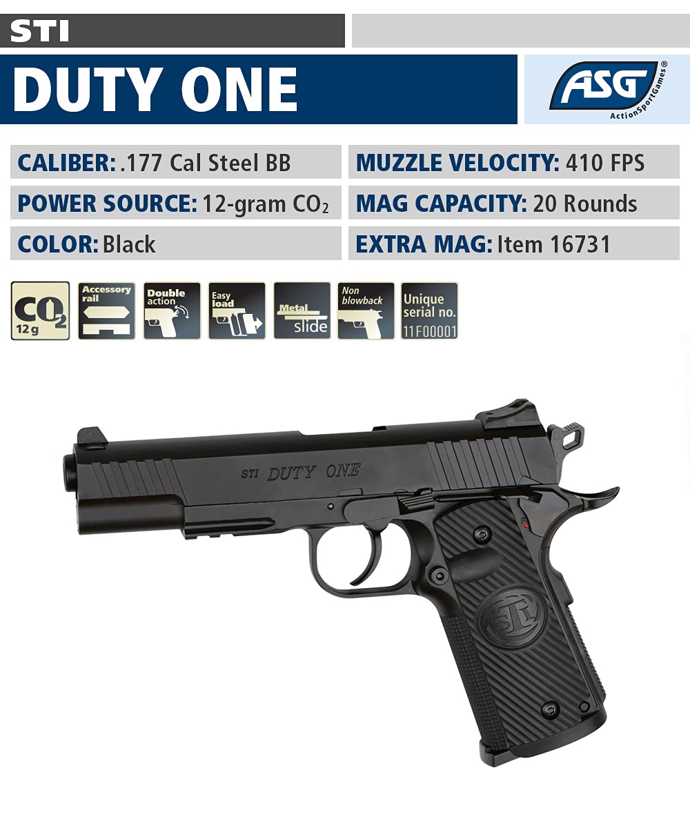 ASG STI Duty One 1911 CO2 Airgun, Full Metal, Non-Blowback, 4.5mm Steel BB, Black, Accessory Rail, Semi-Automatic