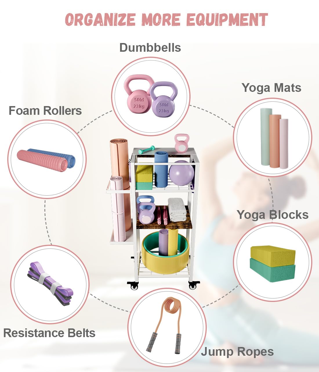 Ardier Yoga Mat Storage Rack with Wheels, 3 Tier Home Gym Workout Equipment Organizer for Dumbbells, Kettlebells, Foam Rollers