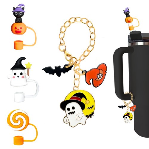 Meomchee Halloween Stanley Cup Accessories, 3Pcs Cute Silicone Straw Toppers and 1 Ghost Charm, Personalized Accessories for Stanley 30 40 oz Tumbler with Handle