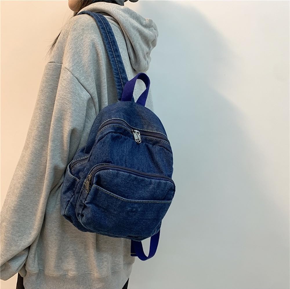 JHTPSLR Small Denim Backpack for Women - Vintage Aesthetic Mini Canvas Daypack (Dark Blue)