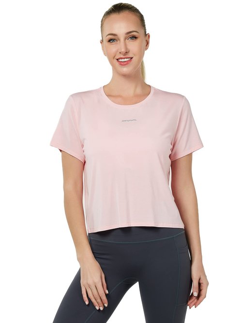 GRAMVAL Womens Cropped T Shirts, Short Sleeves Crew Neck Tee Tops Athletic Workout Gym Yoga Sweatshirts Pink L