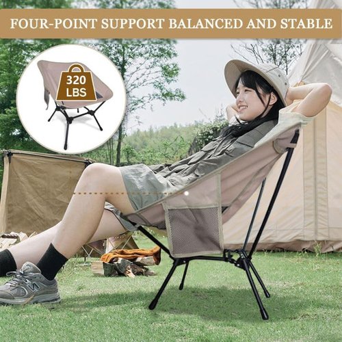 TOUTEK Compact Chairs Travel Chair Portable Camping Chair, Backpacking Chair with Anti Sinking Rubber Feet and Side Pockets, Adjustable Carrying 320bls Lightweight Camping Chair for Adult (Beige)