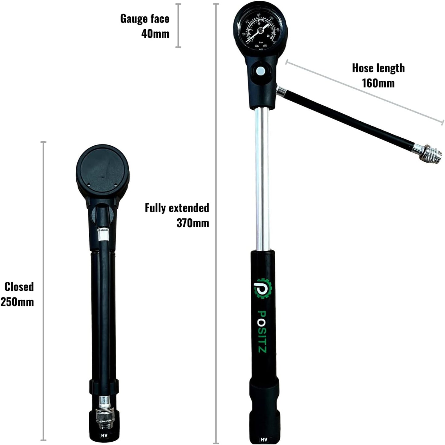 MTB High Pressure Suspension Shock Pump (300 PSI Max) for Mountain Bike Forks & Rear Suspension Systems with Easy Attach Nozzle for Maximum Pressure