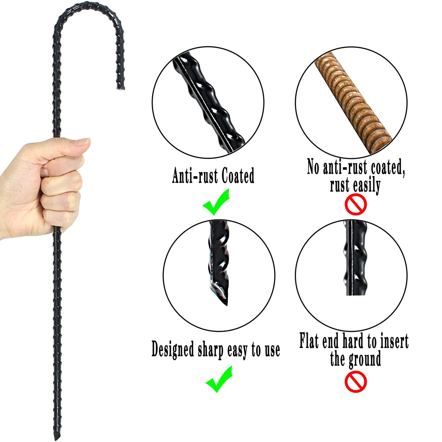 16 Inch Ground Rebar Stakes, J Hook Extra Heavy Duty Rust Proof Coated Steel Ground Anchors with Chisel Point End for Camping Tent and Canopy Tent (8)