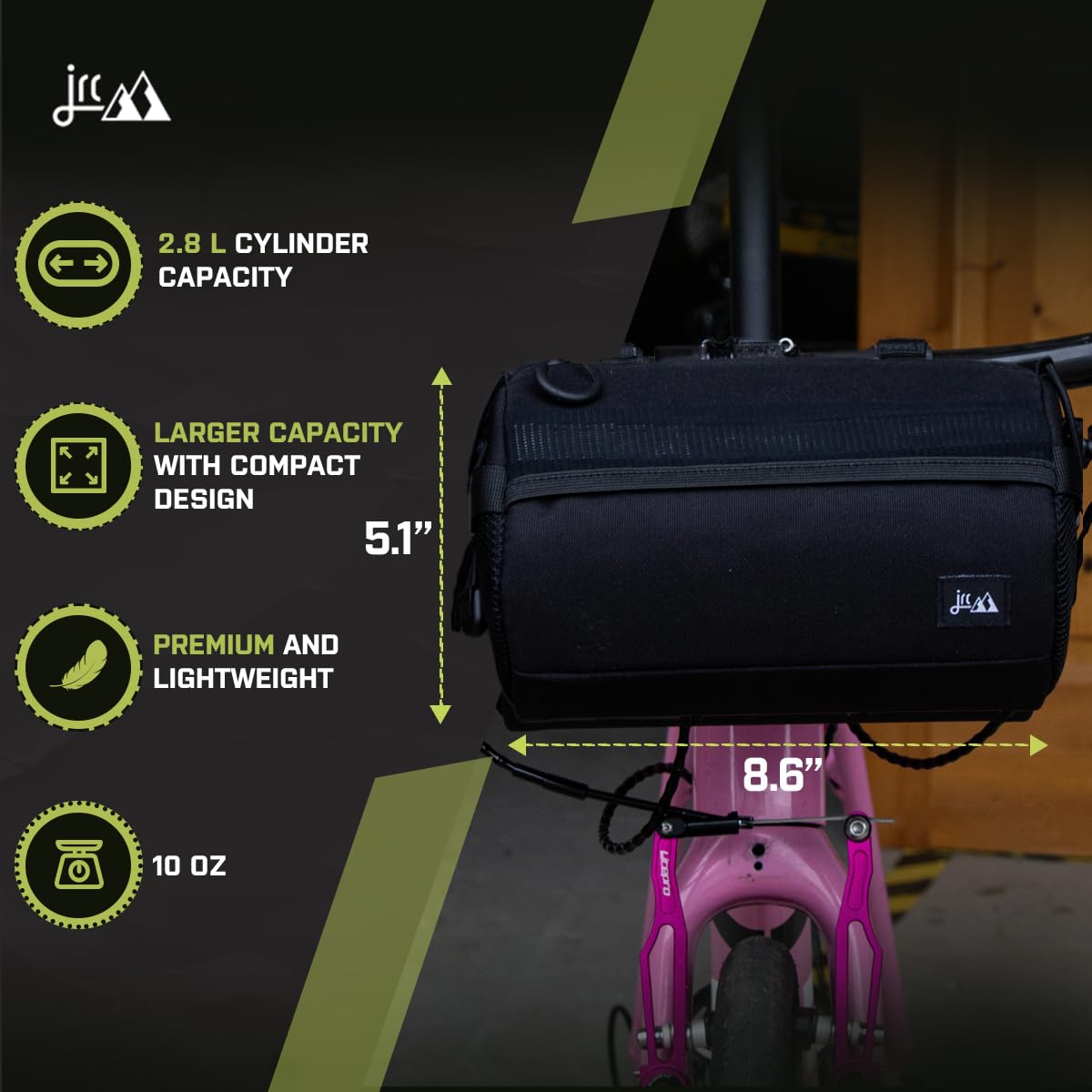 JRC Components Bike Handlebar Bag for Bicycles | Water Resistant 900D Polyester Bicycle Handlebar Bag - Bike Front Bag | Handle Bar Bag with YKK Aquaguard Zipper and Adjustable Bungee Cord - Black