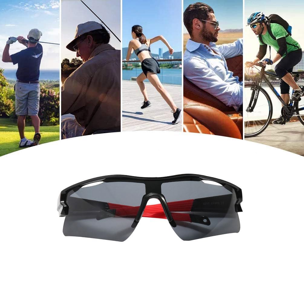 Sports Sunglasses for Men Women Youth Baseball Cycling Running Driving Fishing Golf Motorcycle Outdoor Glasses UV400 (Black red frame gray piece)
