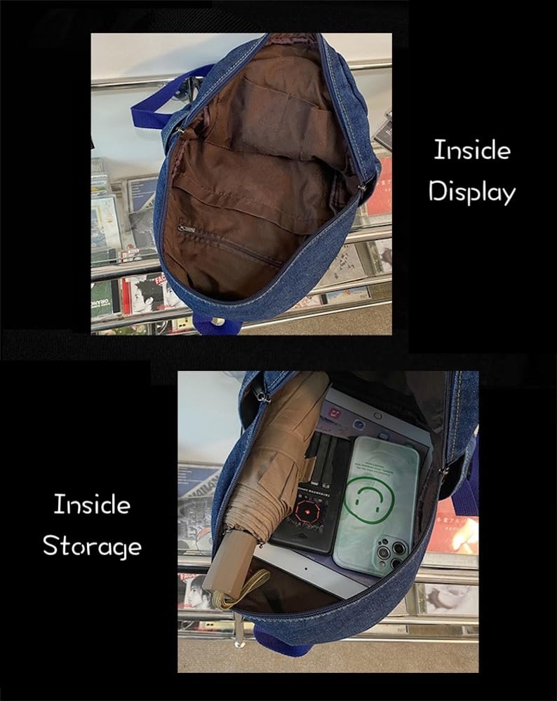 JHTPSLR Small Denim Backpack for Women - Vintage Aesthetic Mini Canvas Daypack (Dark Blue)