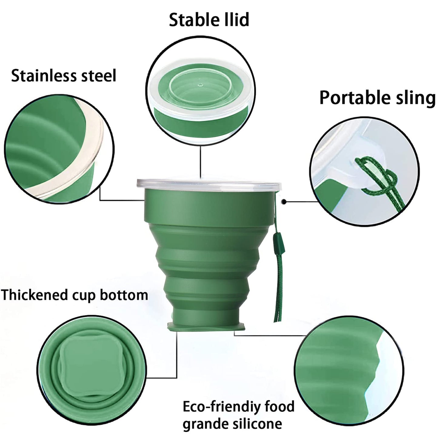 JIELUO Silicone Collapsible Travel Water Cup 200ml, 6Pack Collapsible Silicone Cup with Lid, Expandable Drinking Cup Set, Reusable Mug for Camping, Hiking, Travel