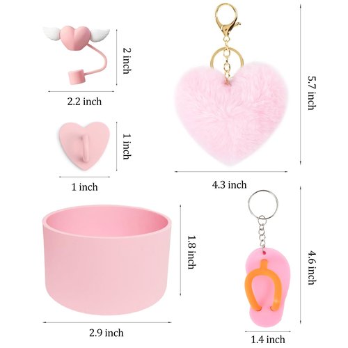 Gusgopo 6 PCS Cup Accessories Set for Stanley 40oz & 30oz Tumbler.Including Silicone Boot,Straw Cover Cap,Heart Hook,Heart Pompom and Slippers