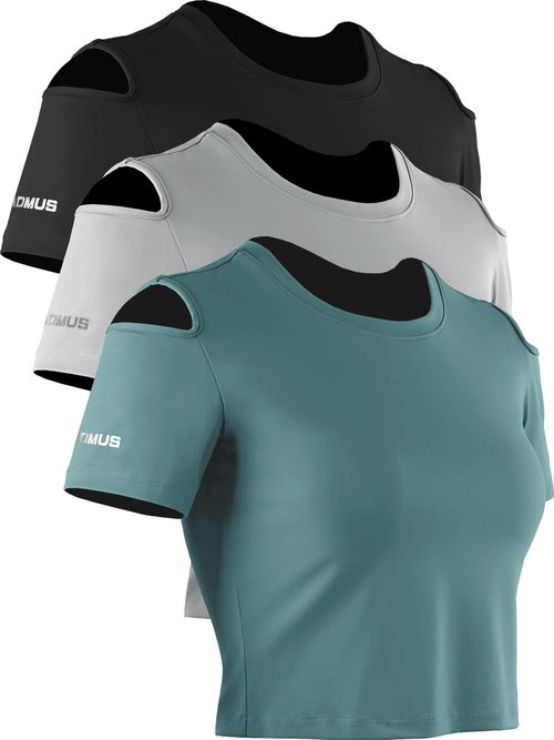 CADMUS Workout Crop Tops Women Dry Fit Running Shirts Short Sleeve for Yoga 3 Pieces,Black,Grey,Turquoise,X-Large