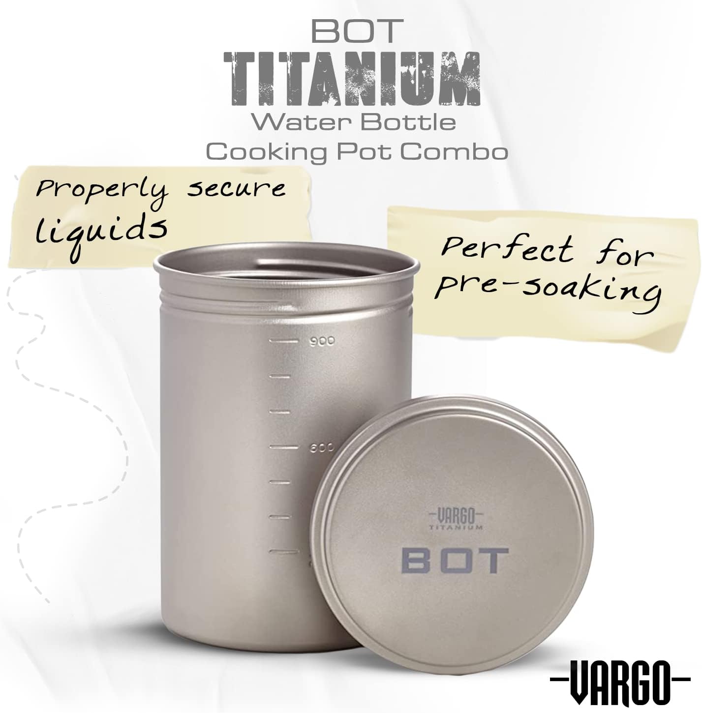 Vargo Titanium BOT Series | Vargo BOT - 700 | Titanium Cooking Pot and Water Bottle with Foldable Handles and Watertight Lid | 700ml (23 oz.)