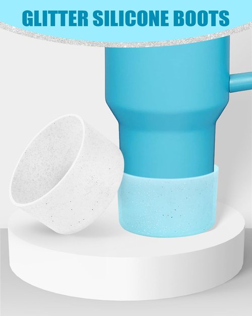 WeLiu 2 Packs Glitter Silicone Boots Bottom Covers for Stanley Quencher H2.0 20-40 oz Tumbler, Stanley IceFlow Flip 20 oz 30 oz, Hydro Flask Water Bottle 12-24 oz (Blue, Translucent Silver)