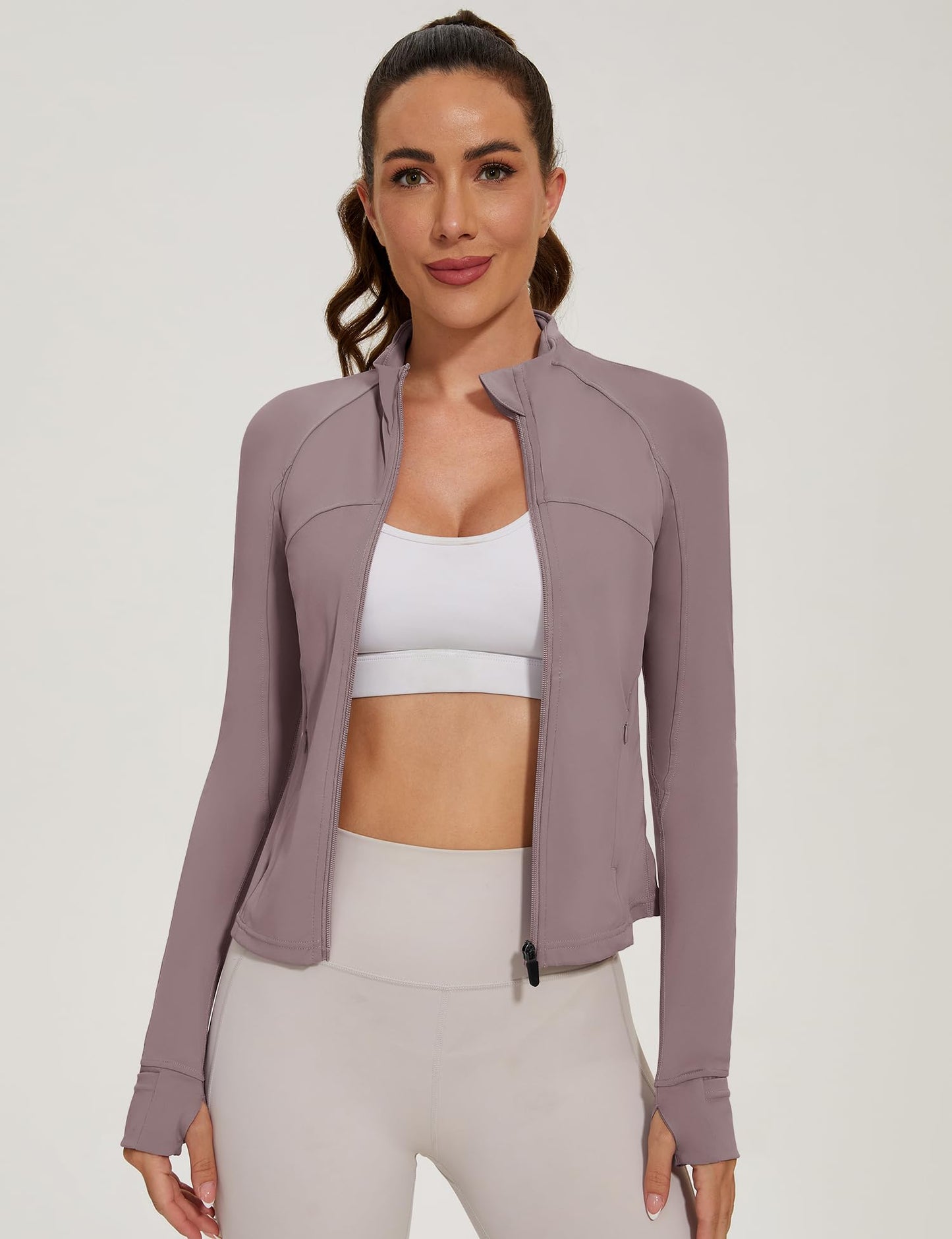 Athletic Running Track Jacket for Women Lightweight Long Sleeves Full Zip jacket with Thumb Holes Cropped Tops Gray Purple XS