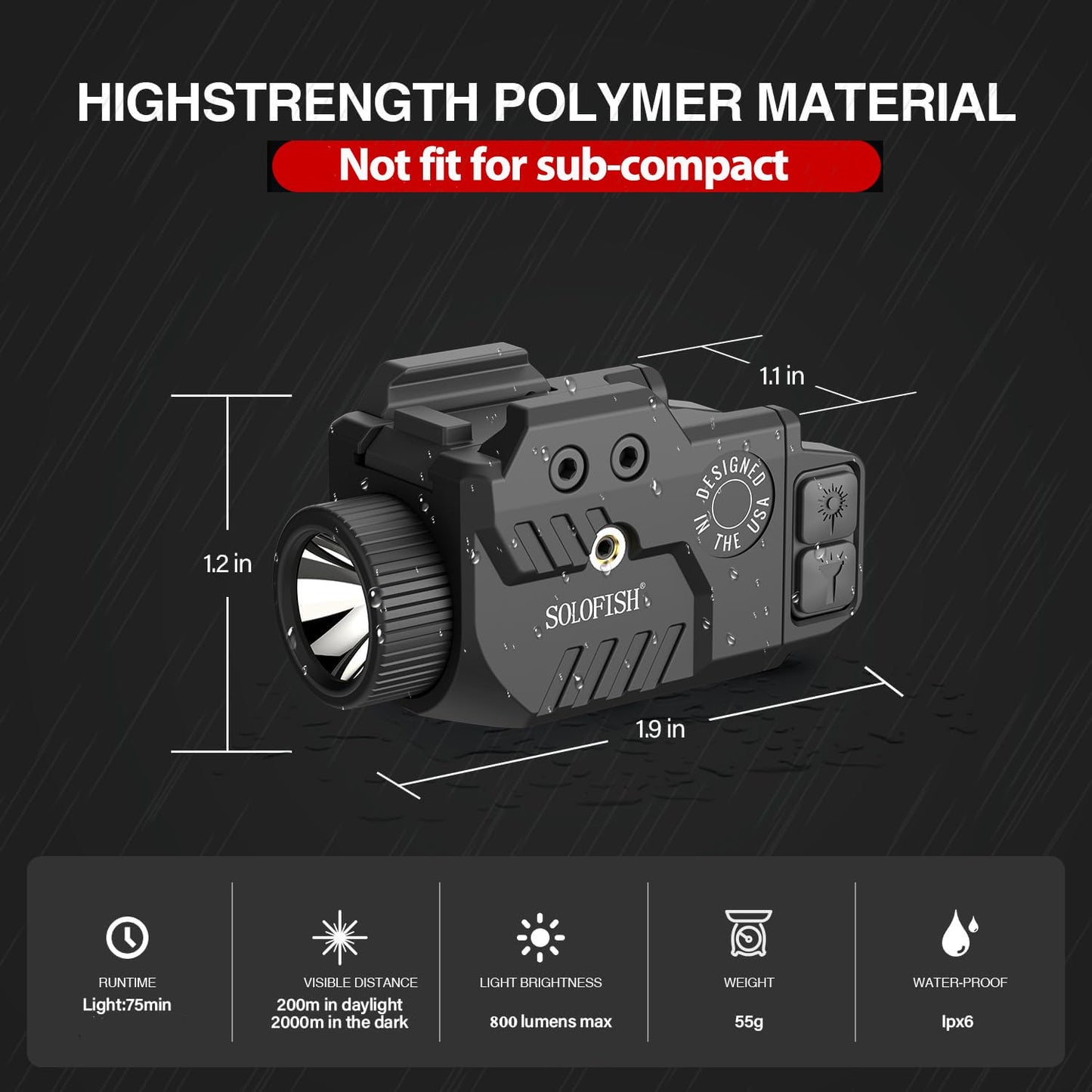 Solofish 800lm Pistol Light Laser Combo with Adjustable Rail for Full Rail, Shockproof Green Laser Sight and Gun Light with Strobe Function, Rechargeable