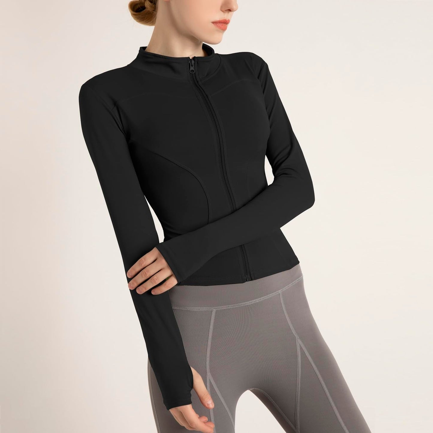 Ncvtang Women's Cropped Lightweight Stretchy Running Track Jackets Full Zip Slim Fit Athletic Tops with Thumb Holes(Black,L)