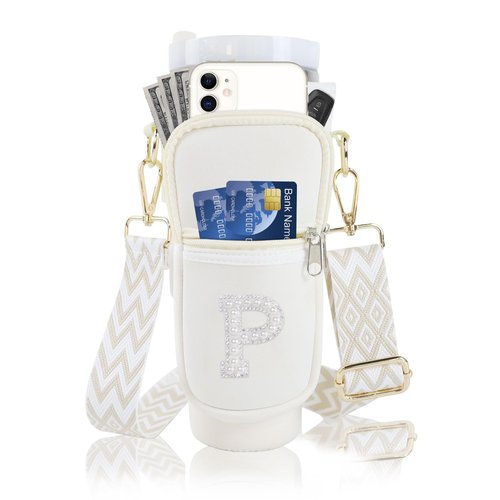 Initial A-Z Water Bottle Carrier Bag with Strap for Stanley 40oz Tumbler, Personalized Water Bottle Holder Pouch with Pearl Letter Phone Pocket for Stanley Cup Accessory Custom Gift for Women Beige P