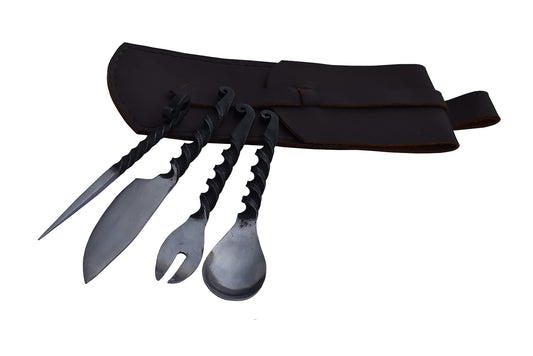 Viking Traders Hand Forged Twisted Medieval Eating Utensil Set | Functional Fork Knife Spoon And Food Stick | Medieval Eating Set, With Genuine Leather Carrying Pouch - Set 4