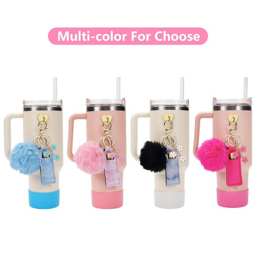 Water Bottle Boots Cover Mini Hooks Lipstick Sleeve Pouch Pom Daisy Charm Keychain Compatible with Stanley Tumbler, Siliocne Water Bottle Boots for Stanley Tumbler Cup 40oz.(Hot Pink)