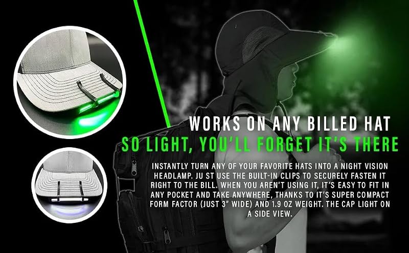 Night Vision Cap Light with Dual LED Modes - Clip-On Hat Flashlight for Camping Hunting Fishing