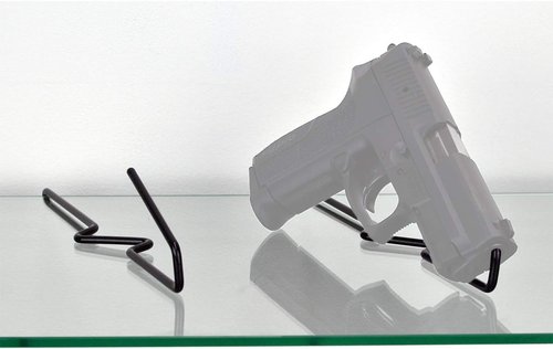 Gun Storage Solutions .22Cal & Larger Kikstand Handgun Display Stands - Free Standing or Glass Shelf Clipping Styles