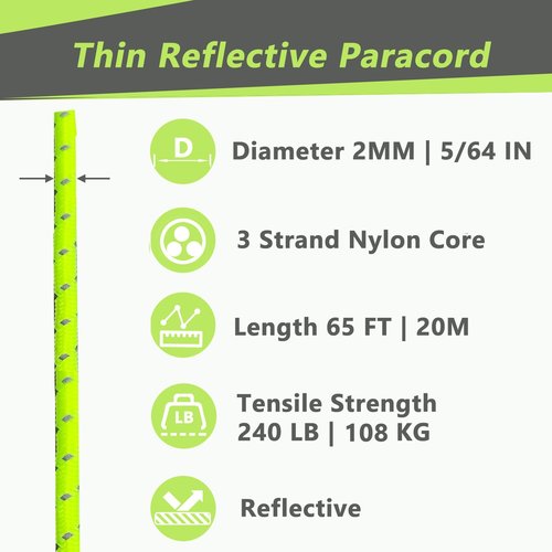 LUYADIN 2mm Reflective Guyline Camping Paracord, 65 Feet 240lb Ultralight Thin Cord Rope for Tarp Rain Fly Tent Camping (Green)