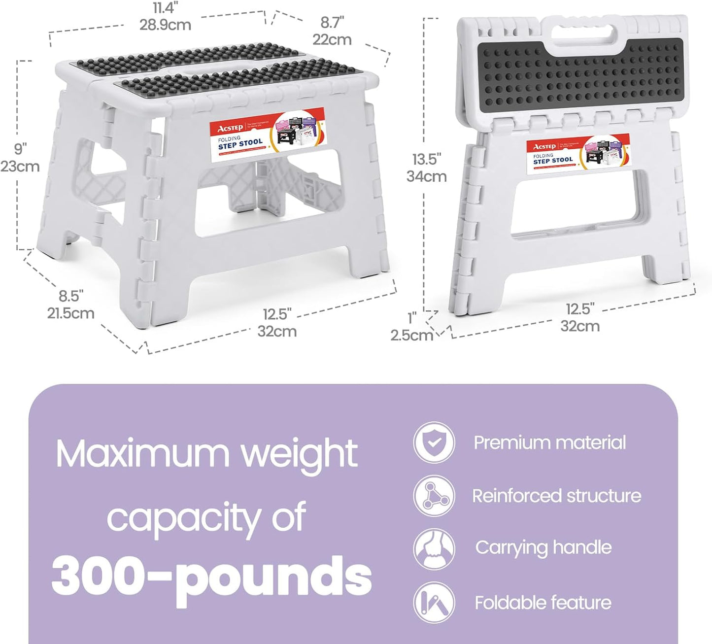 ACSTEP Folding Step Stool Foldable Stool 7.5 Inch Height Kids Step Stool, 300 lb Capacity Plastic Collapsible Stool, Stepping Stool with Handle Black Small Step Stool, Foot Stool Suitable for Kitchen