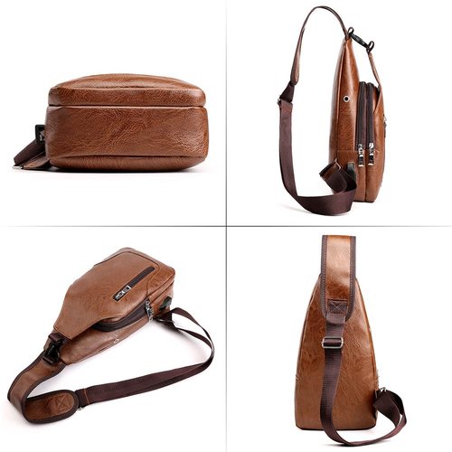 Peicees Leather Sling Bag Mens Crossbody Chest Bag Sling Backpack for Men with USB Charge Port, Vertical Zipper/Light Brown