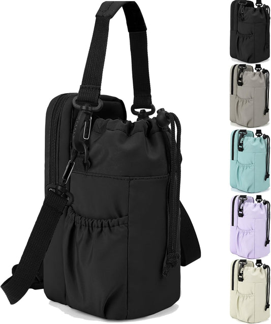 JRQCSJY Water Bottle Holder with Strap, 32/40oz Insulation Water Bottle Carrier Bag with Phone Pocket, Water Bottle Sling Bag Crossbody Water Bottle Holder for Hiking Walking(Black)
