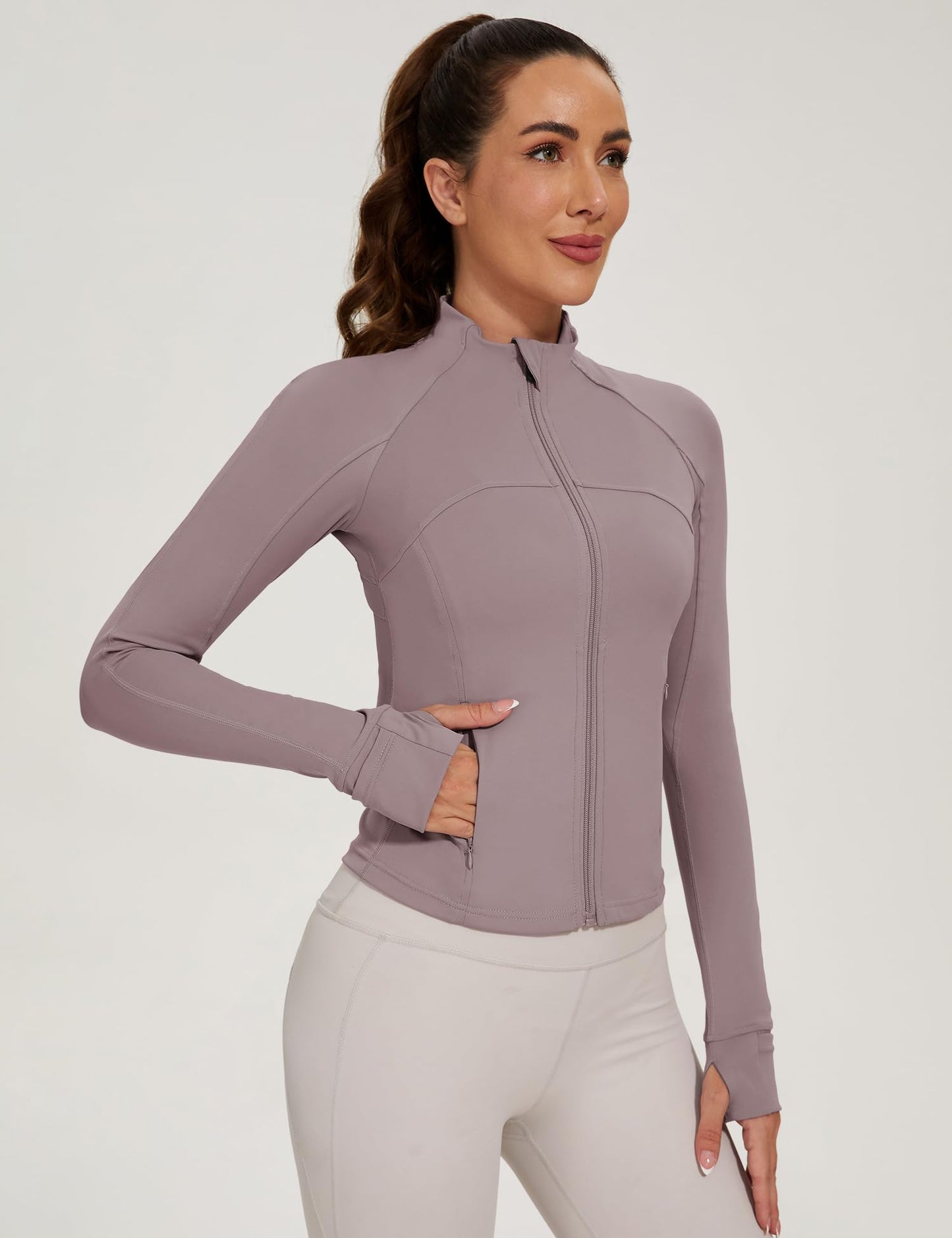 Athletic Running Track Jacket for Women Lightweight Long Sleeves Full Zip jacket with Thumb Holes Cropped Tops Gray Purple XS