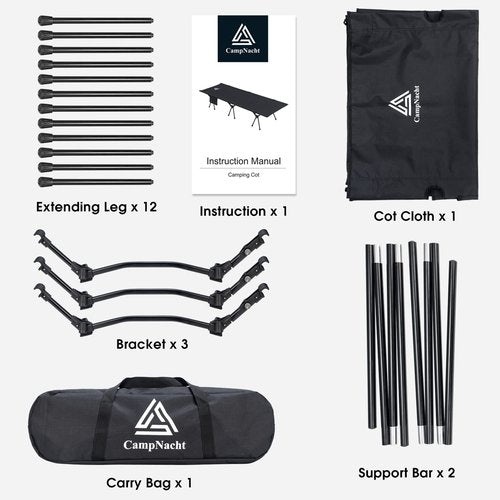 YOUGYM CAMPNACHT Ultralight Camping Cot with Leg Extenders, Aluminum Lightweight Folding Cot for Adults, Portable Backpacking Compact Tent Cot for Outdoor, Hiking, 1 Pack with 2 Use Modes, Black