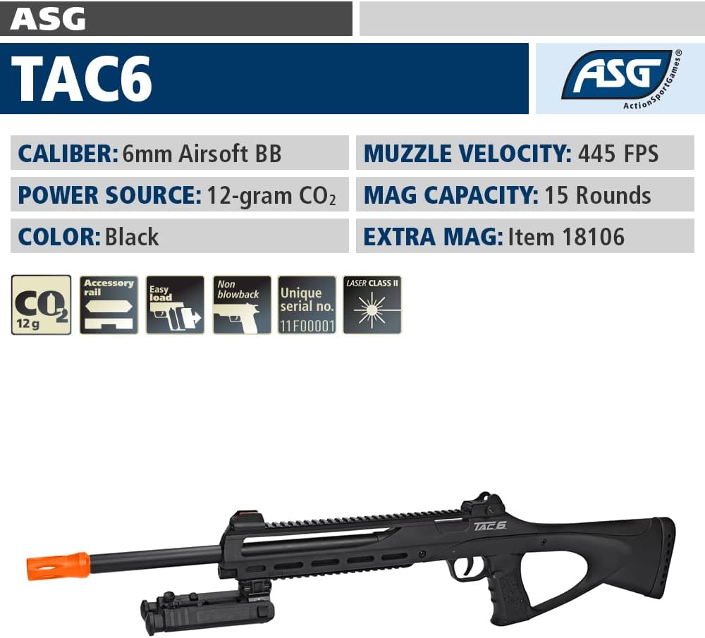 ASG TAC6 Black 6mm CO2 Airsoft Rifle - Non-Blowback, High Precision Shooting