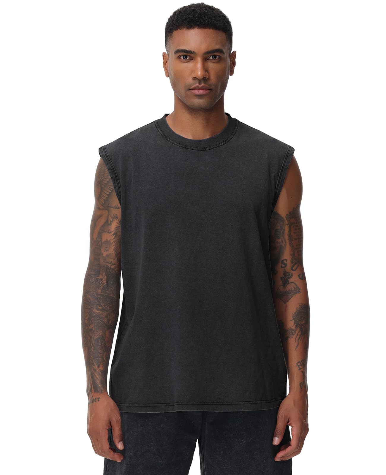 SnowElve 3 Pack Mens Workout Tank Tops Sleeveless Tee Shirts Men Muscle Shirt Gym Acid Wash T Shirts Running Beach Loose Fit Tee(PKGYBK,S)