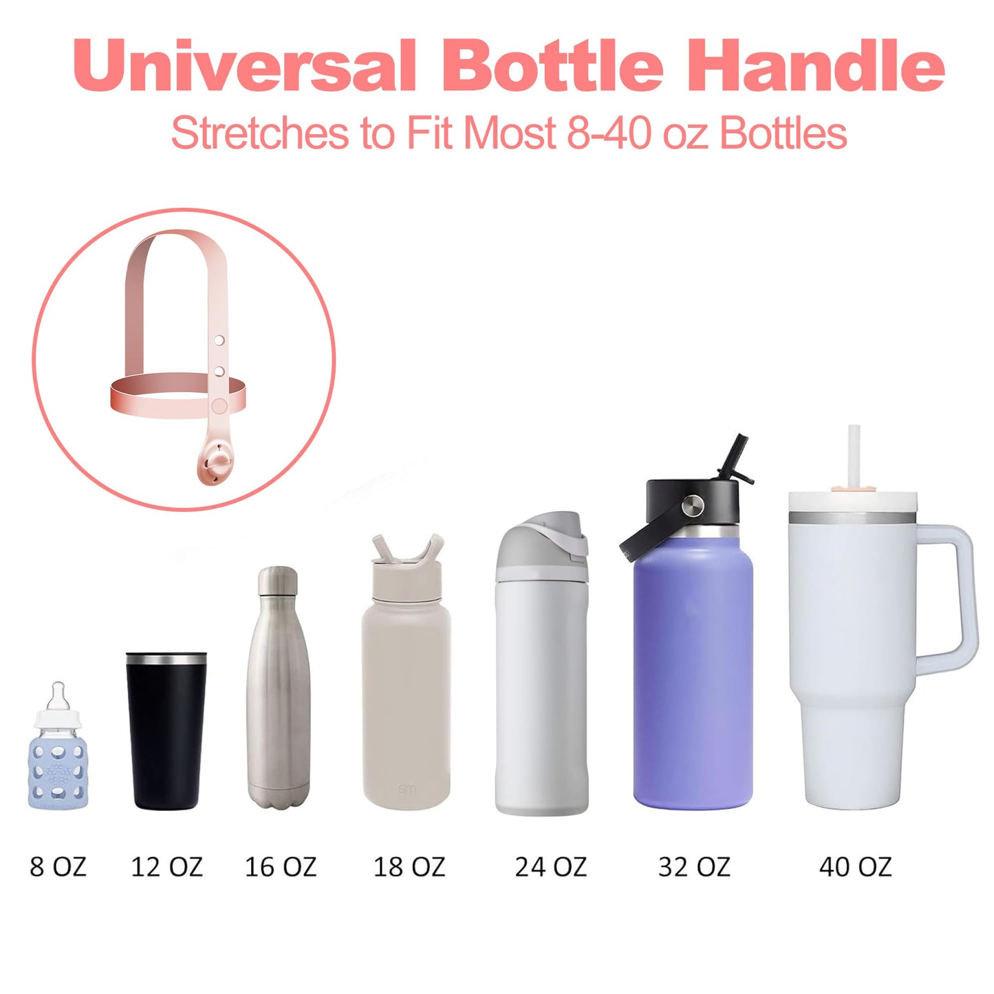 3Pack Water Bottle Handle - Silicone Water Bottle Sling, Carrier, Holder with Strap for Stanley 16-40oz Cup, for Owala FreeSip 24-40oz, Easy to Carry Around for Tumbler Without Handle (Pink)