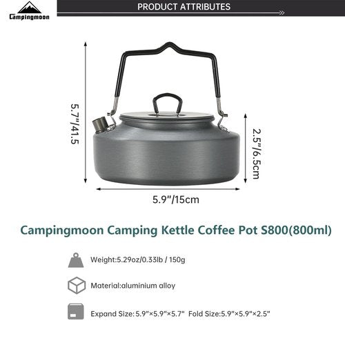 Campingmoon Camping Tea Kettle Portable Camp Coffee Tea Pot Lightweight Aluminum Water Boiler for Backpacking Picnic Fishing 0.8L