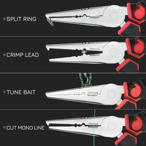 SNAIL TRAIL 7'' Fishing Pliers, Angled Head Split Ring Pliers, Auto-Open by Magnets, Corrosion Resistant Fish Hook Remover, Saltwater Crimping Shot