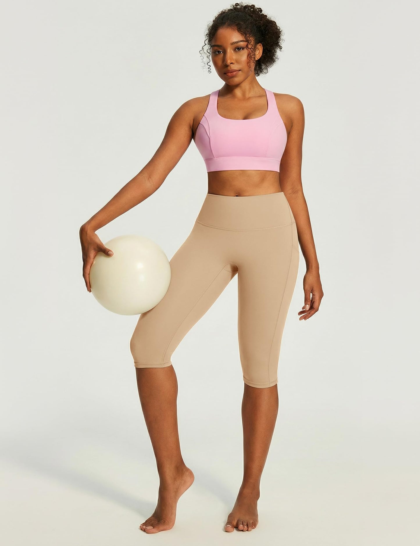 IUGA Capri Leggings for Women with Pockets Women's High Waisted Knee Length Capris Compression Yoga Pants Workout Leggings Khaki
