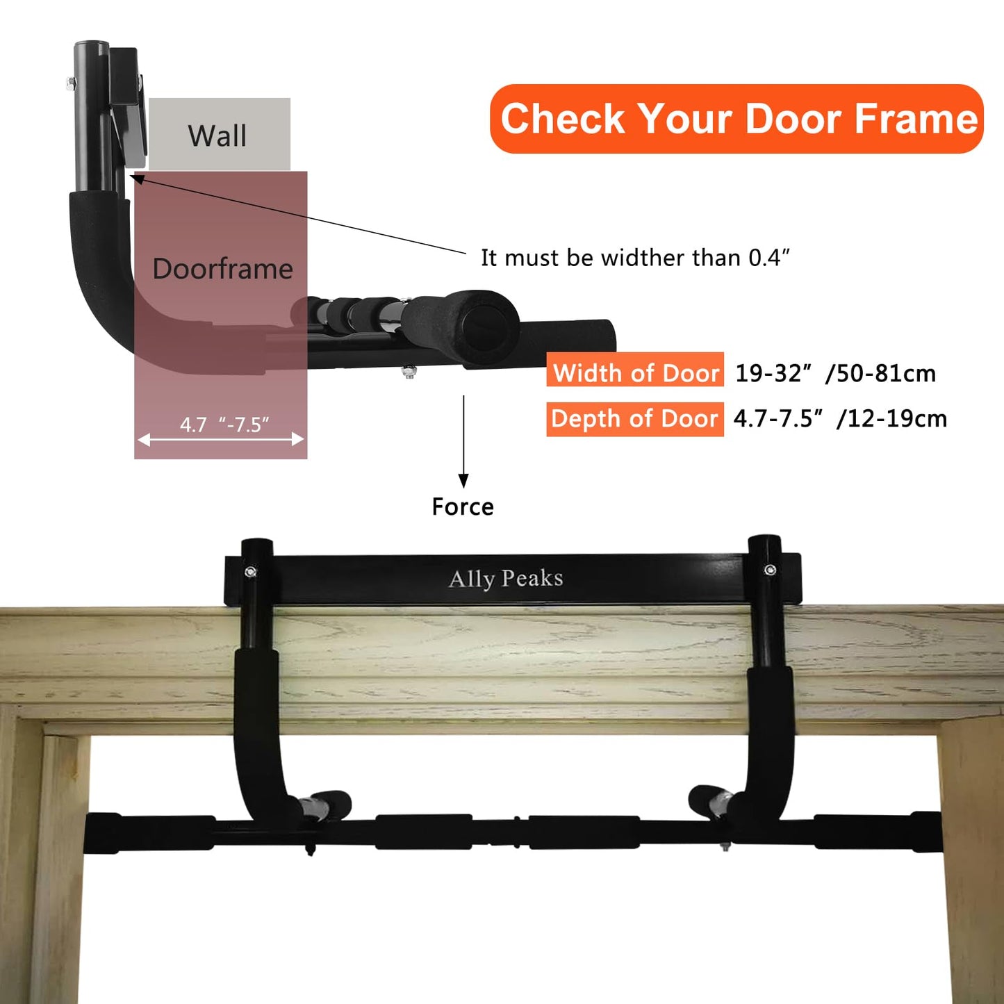 Ally Peaks Pull Up Bar for Doorway | Thickened Steel Max Limit 440 lbs Upper Body Fitness Workout Bar| Multi-Grip Strength for Doorway | Indoor Chin-Up Bar Fitness Trainer for Home Gym Portable |180