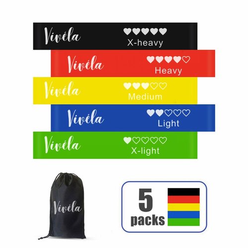 Vivéla Resistance Fitness Bands, 5-Piece Set of Skin-Friendly Exercise Loops for Yoga, Home Workouts, Stretching, Gym Training, Weight Loss, Toning and Pilates