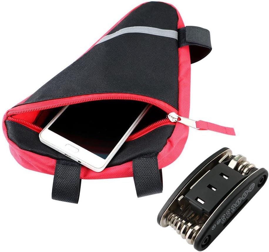 2 Pieces Bike Triangle Bags, Waterproof Bicycle Front Tube Frame Bag, Double-Sided Reflective Decoration Makes Night Riding Safer (Red + Black)