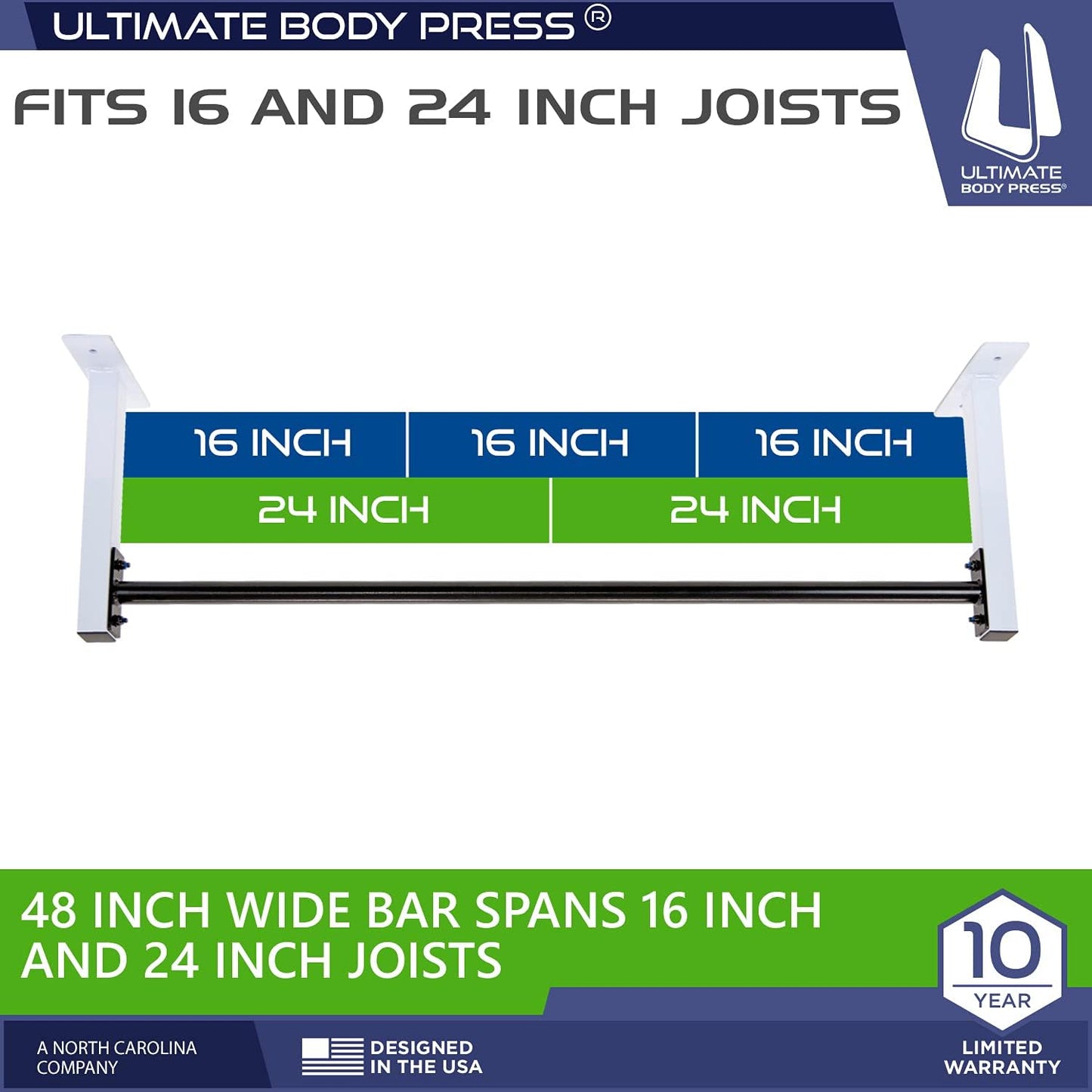 Ultimate Body Press Ceiling Mount Pull Up Bar - 48” Straight Bar & 14” Risers for 16”/24” Joists