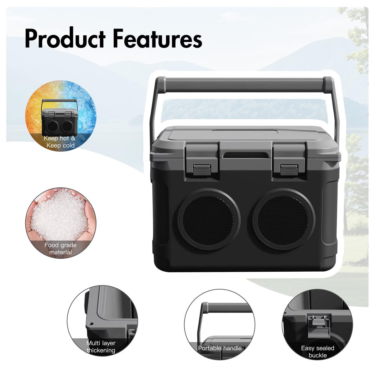 GETUHAND Camp Cooler with Bluetooth Speaker 22 Quart，48 Hours Ice Retention, Portable Handle, Outdoor Camping Cooler for BBQs, Beach, Hiking Black
