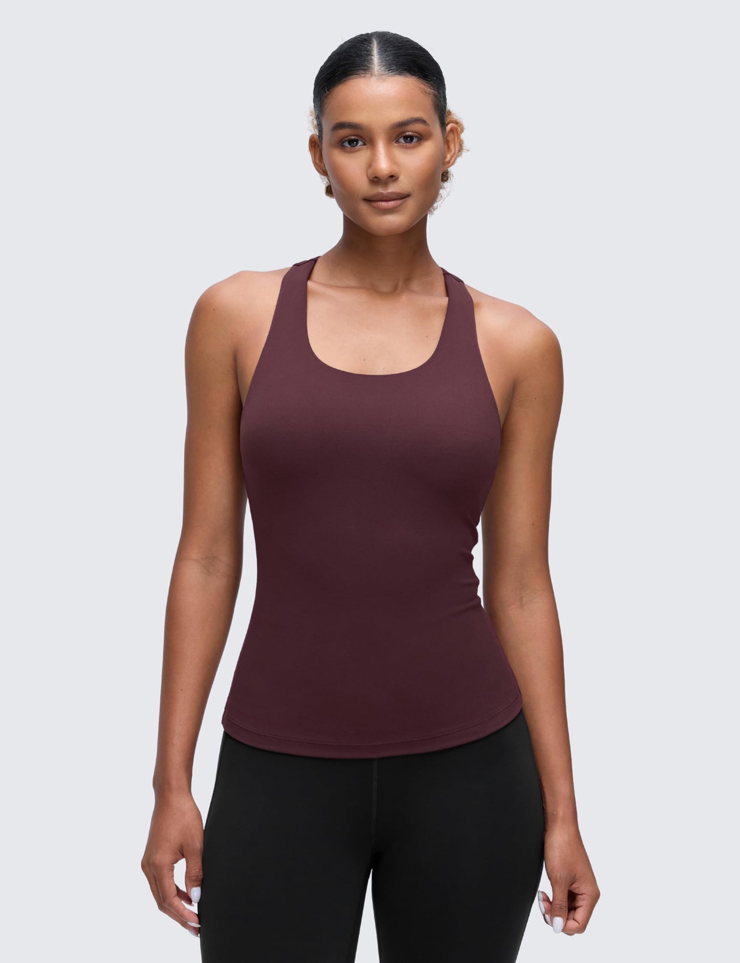 CRZ YOGA Butterluxe Workout Racerback Tank Tops for Women - Padded Athletic Spandex Yoga Shirts with Built in Bra Ripe Plum Large