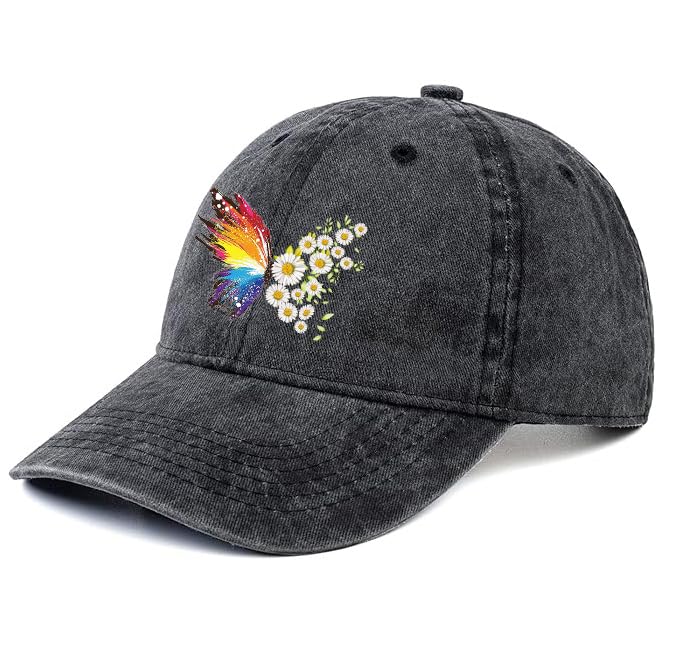 Negi Retro Denim Baseball Cap for Women Rainbow Butterfly Adjustable Dad Hat