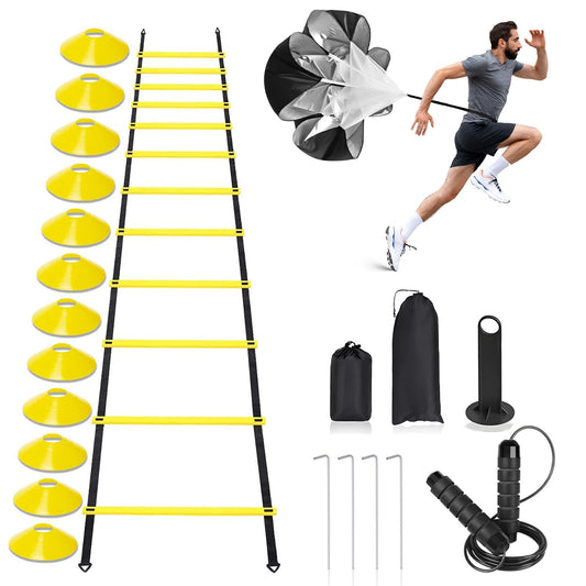 Agility Ladder,Speed Training Equipment Set,20ft Rungs Speed Ladder,Soccer Cones,Jump Rope, Running Resistance Umbrella,Basketball Equipment Football Fitness Training Equipment for Kids Youth Adults