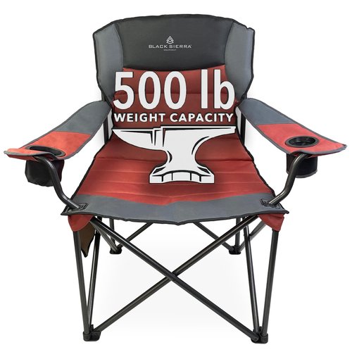 Black Sierra Oversize XL Camping Chair Supports 500 lbs, Padded Folding Outdoor Chair w/ 2 Cupholders and Carrybag, Heavy Duty Portable Collapsible Camp Chair Perfect for Sports, RV, Lawn, Beach