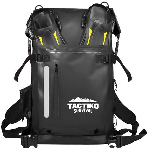 Tactiko Survival 30L Heavy-Duty 100% Waterproof Backpack - Equipment Pocket, Carabiner - Roll Top Floating Dry Bags (Jet Black)