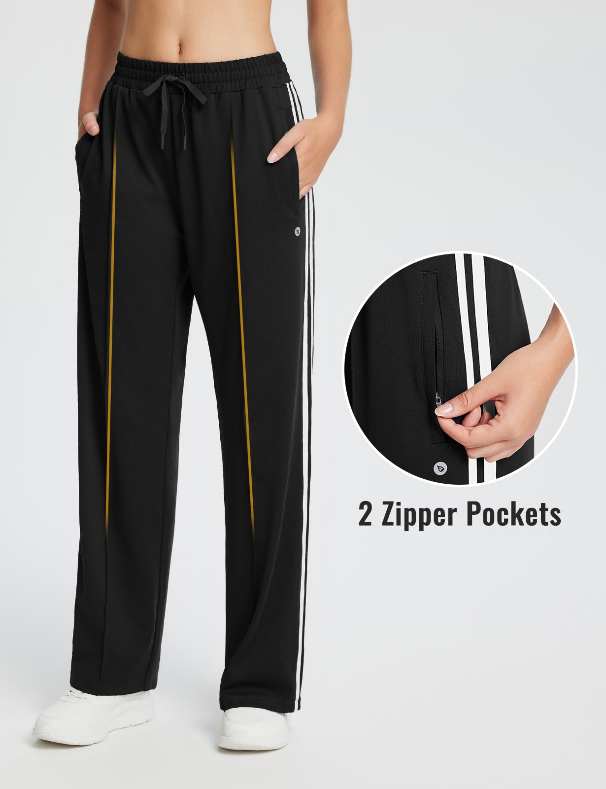 baleaf Womens Track Pants Athletic Running Pants Sweatpants Straight Leg Zipper Pockets Sports Jogging Striped Loose Fit Black/White S