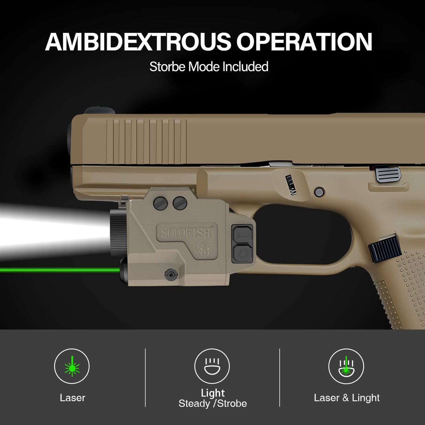SOLOFISH 650 Lumens Pistol Light and Green Laser Combo, Strobe Function for Tactical Flashlight with Slidable Rail Fits Full Size Guns w/Rail, Magnetic Charging