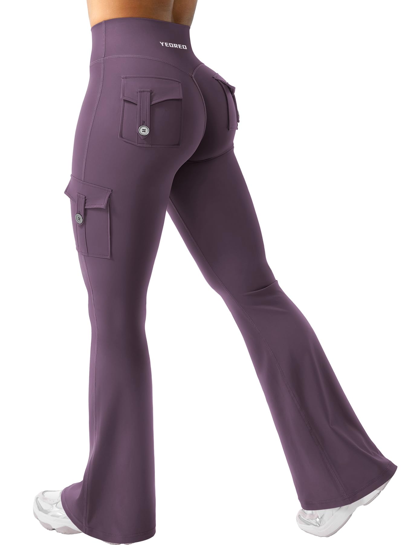 YEOREO CoreFlex Women Workout Flare Leggings with Pockets Hidden Scrunch Cargo Gym Yoga No Front Seam Leggings Black Berry Purple S