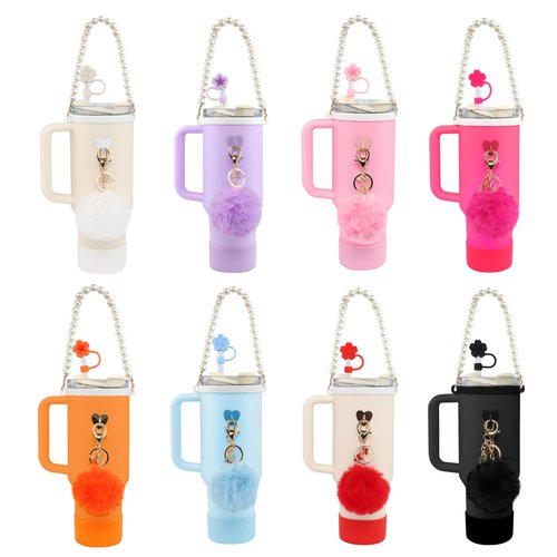 Rabrgab 7Pcs Orange Stanley Cup Accessories Set - Water Bottle Handle Strap, Silicone Flower Straw Topper, Silicone Cup Boot, Pompom and Flower Charms for Water Bottle Tumbler 20oz 30oz 40oz
